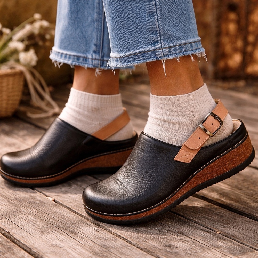 Dansko Merrin Black Leather Slingback Clogs Comfort Cork Sole Size 39 8.5 9 work